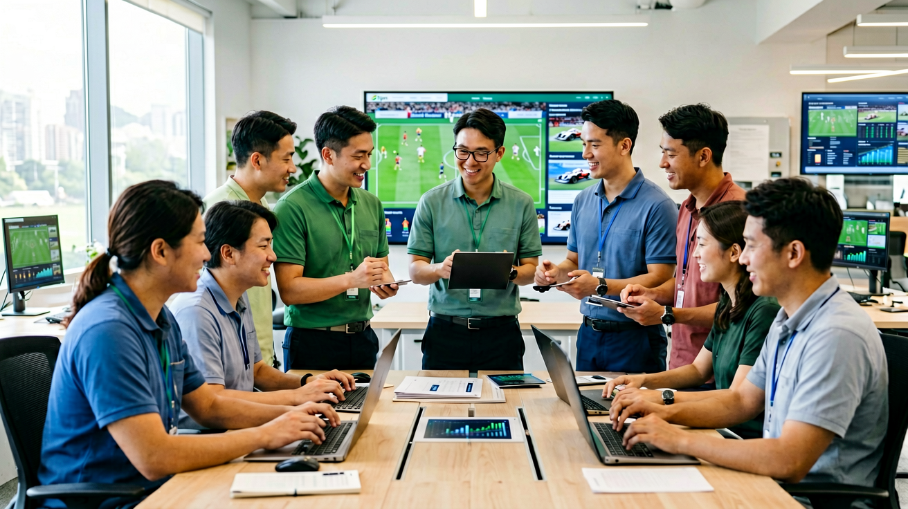B-Sports必一运动内容团队，专业体育编辑与数据分析人员工作场景