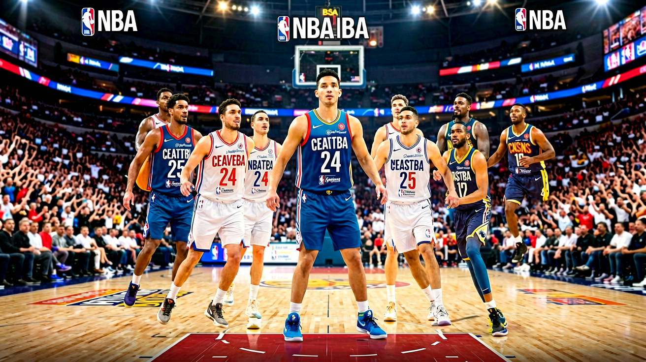 NBA联赛专题页面，包含球队阵容赛程与球员数据统计